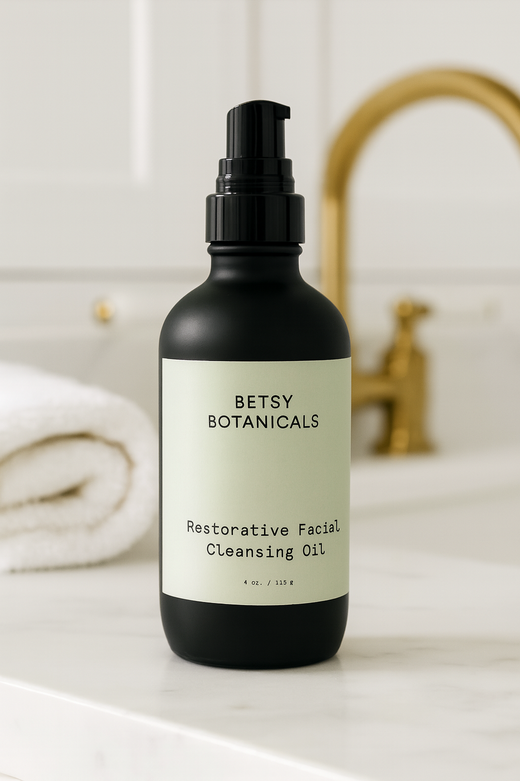 Bottle of Betsy Botanicals Restorative Facial Cleansing Oil on a bathroom counter.