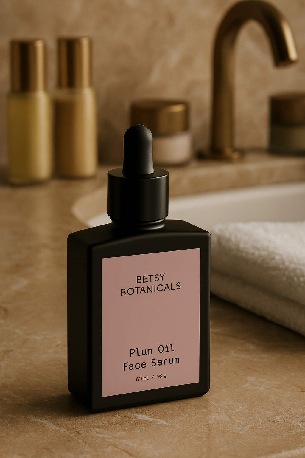 Betsy Botanicals Plum Oil Face Serum bottle on a bathroom counter