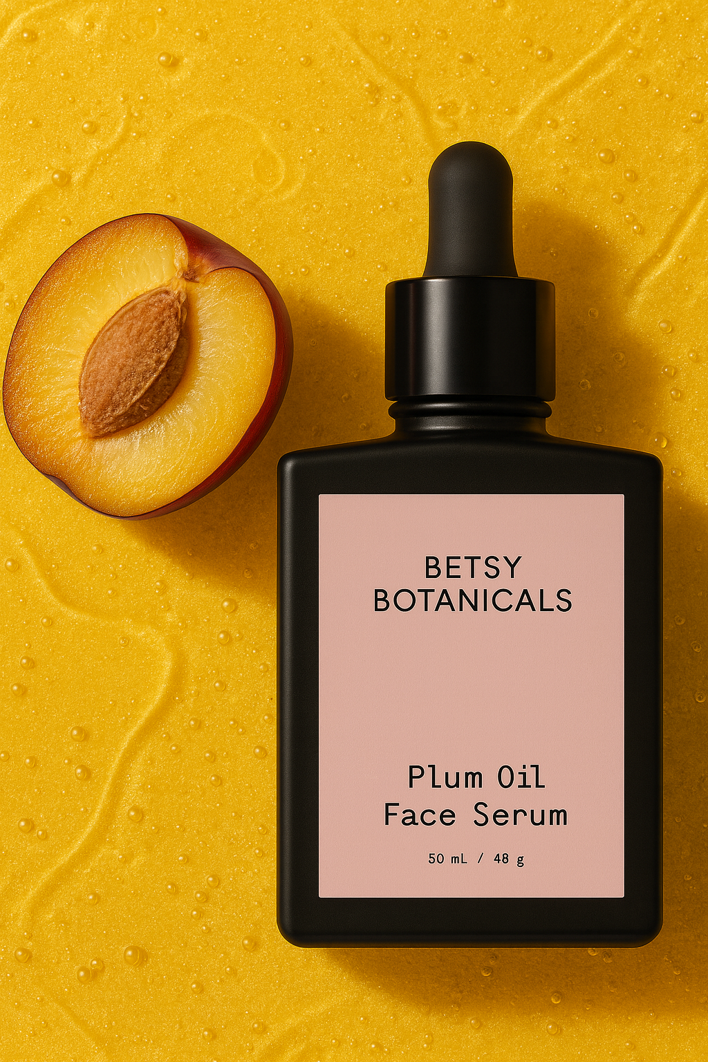 Betsy Botanicals Plum Oil Face Serum bottle with a half-peeled plum on a yellow textured background