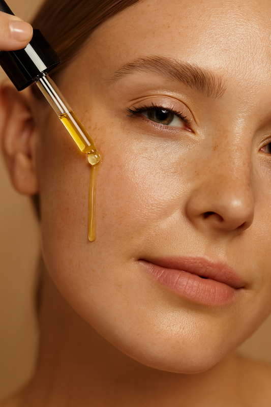 Close-up of a woman's face with a dropper applying oil to her skin.