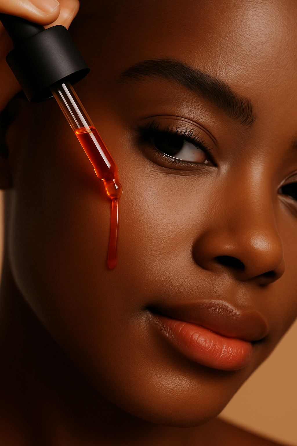 Close-up of a woman's face with a dropper of rosehip seed oil being applied to her skin.