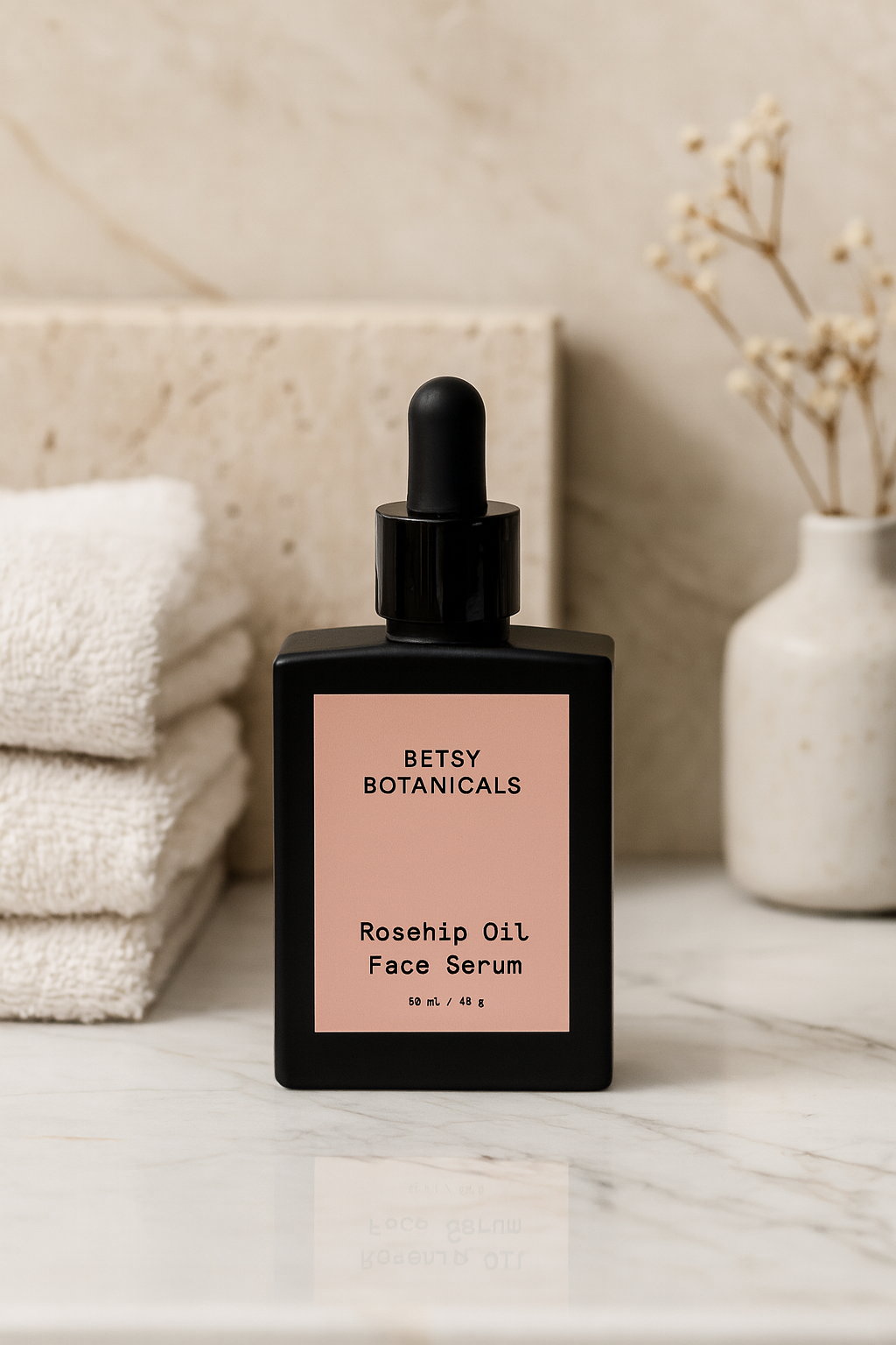 Betsy Botanicals Rosehip Oil Face Serum bottle on a marble surface with towels and a vase in the background.